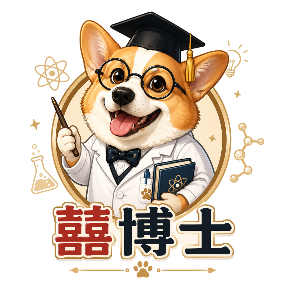 戴圆眼镜和博士帽、身穿实验服的柯基囍博士卡通形象